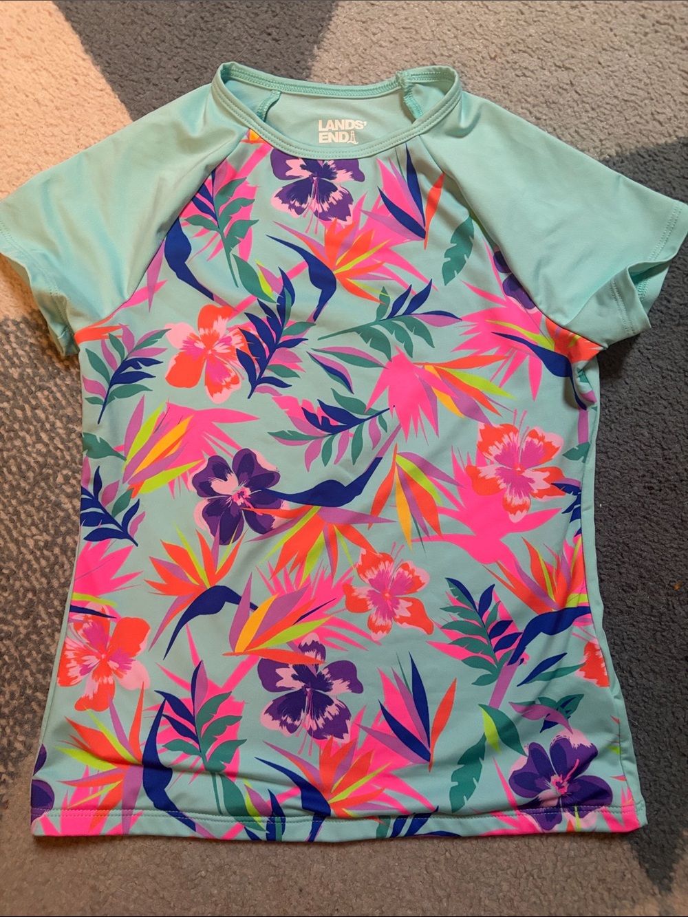 Lands' End Aqua Floral Short-Sleeve Rash Guard size M